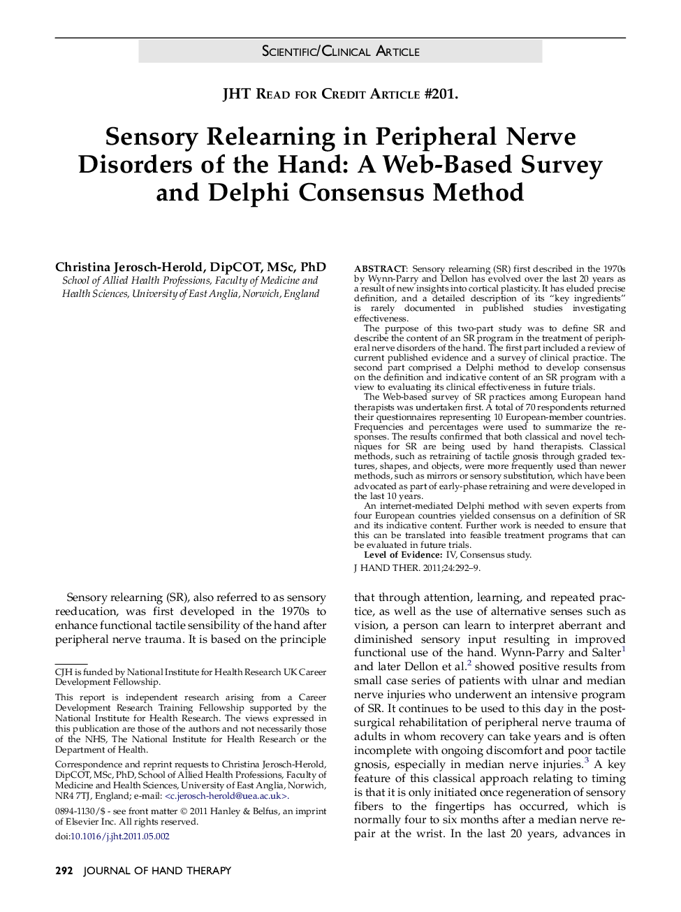 Sensory Relearning in Peripheral Nerve Disorders of the Hand: A Web-Based Survey and Delphi Consensus Method 