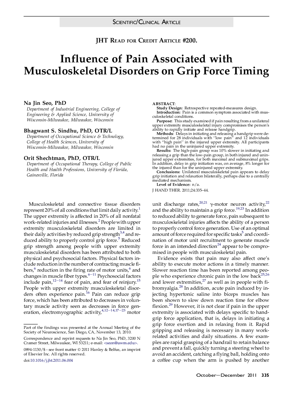 Influence of Pain Associated with Musculoskeletal Disorders on Grip Force Timing