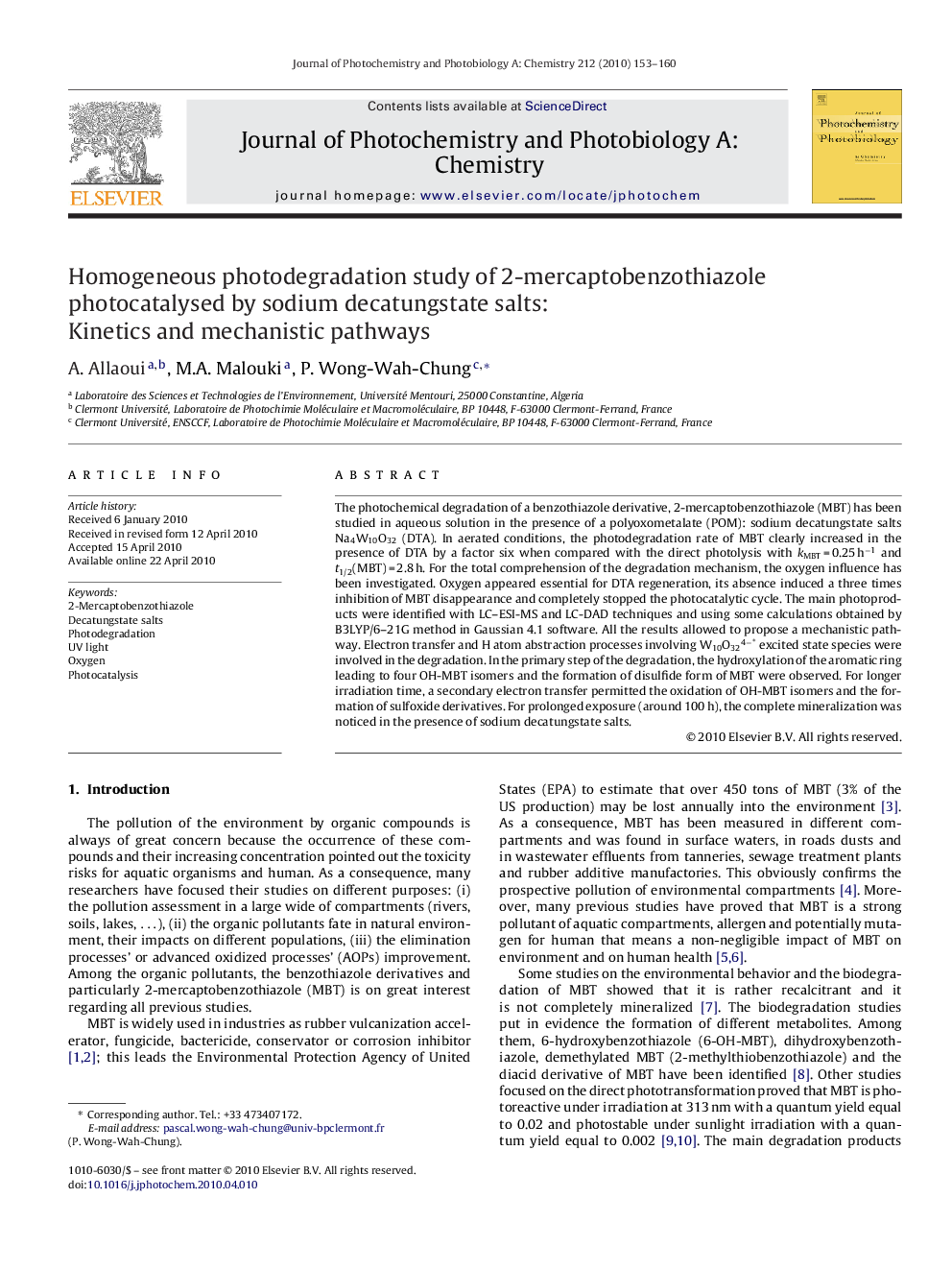 Homogeneous photodegradation study of 2-mercaptobenzothiazole photocatalysed by sodium decatungstate salts: Kinetics and mechanistic pathways