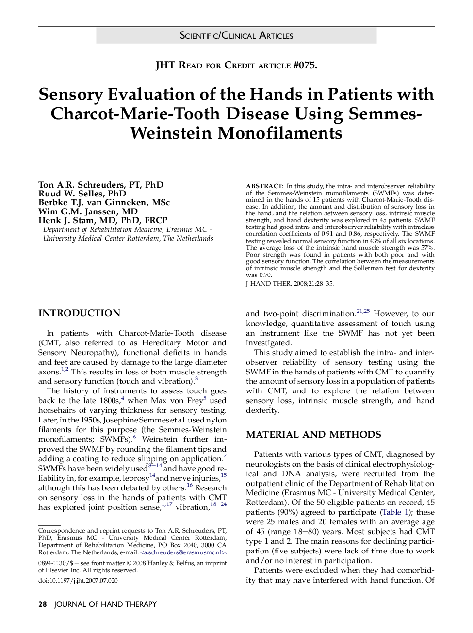 Sensory Evaluation of the Hands in Patients with Charcot-Marie-Tooth Disease Using Semmes-Weinstein Monofilaments