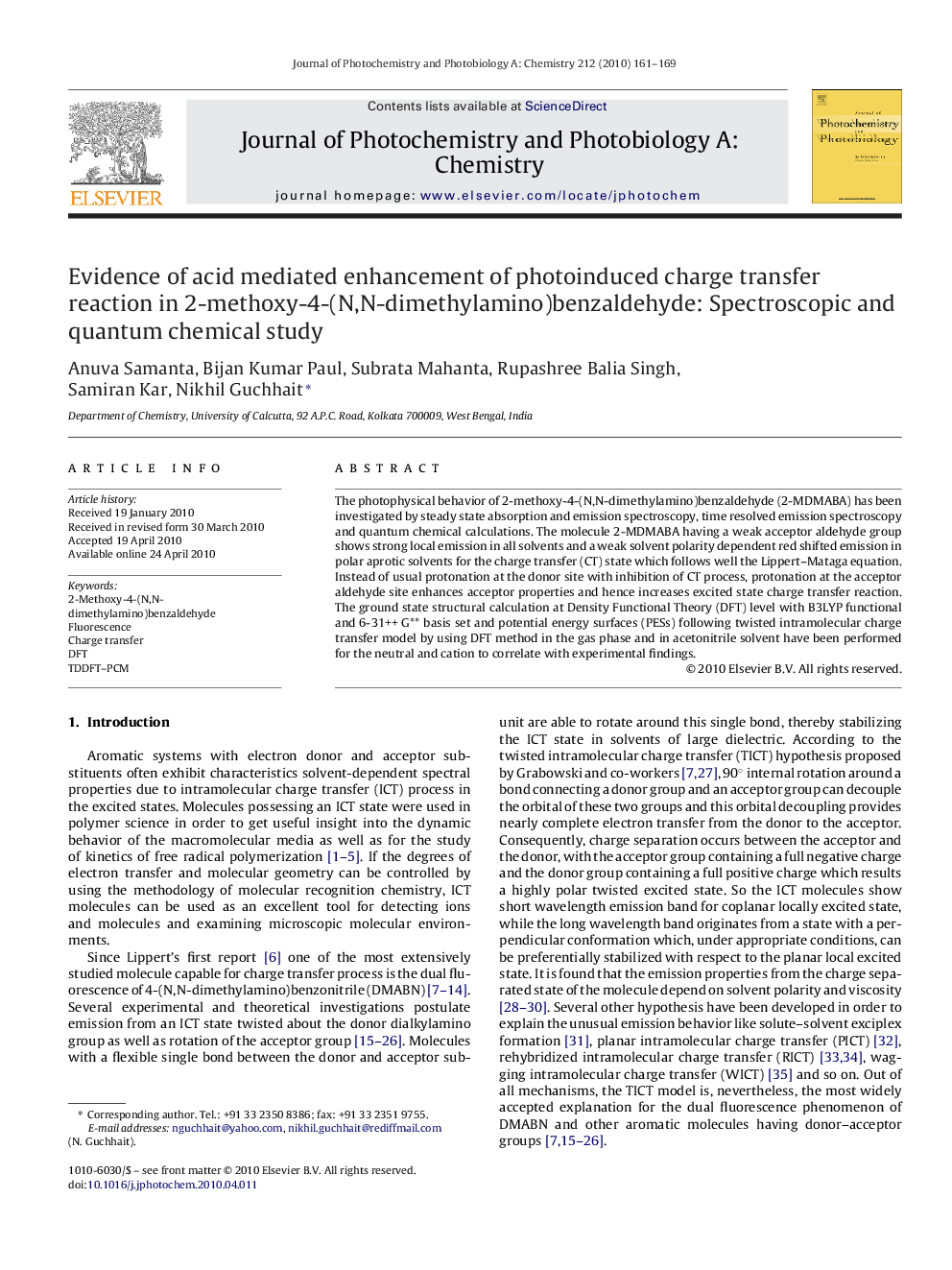 Evidence of acid mediated enhancement of photoinduced charge transfer reaction in 2-methoxy-4-(N,N-dimethylamino)benzaldehyde: Spectroscopic and quantum chemical study