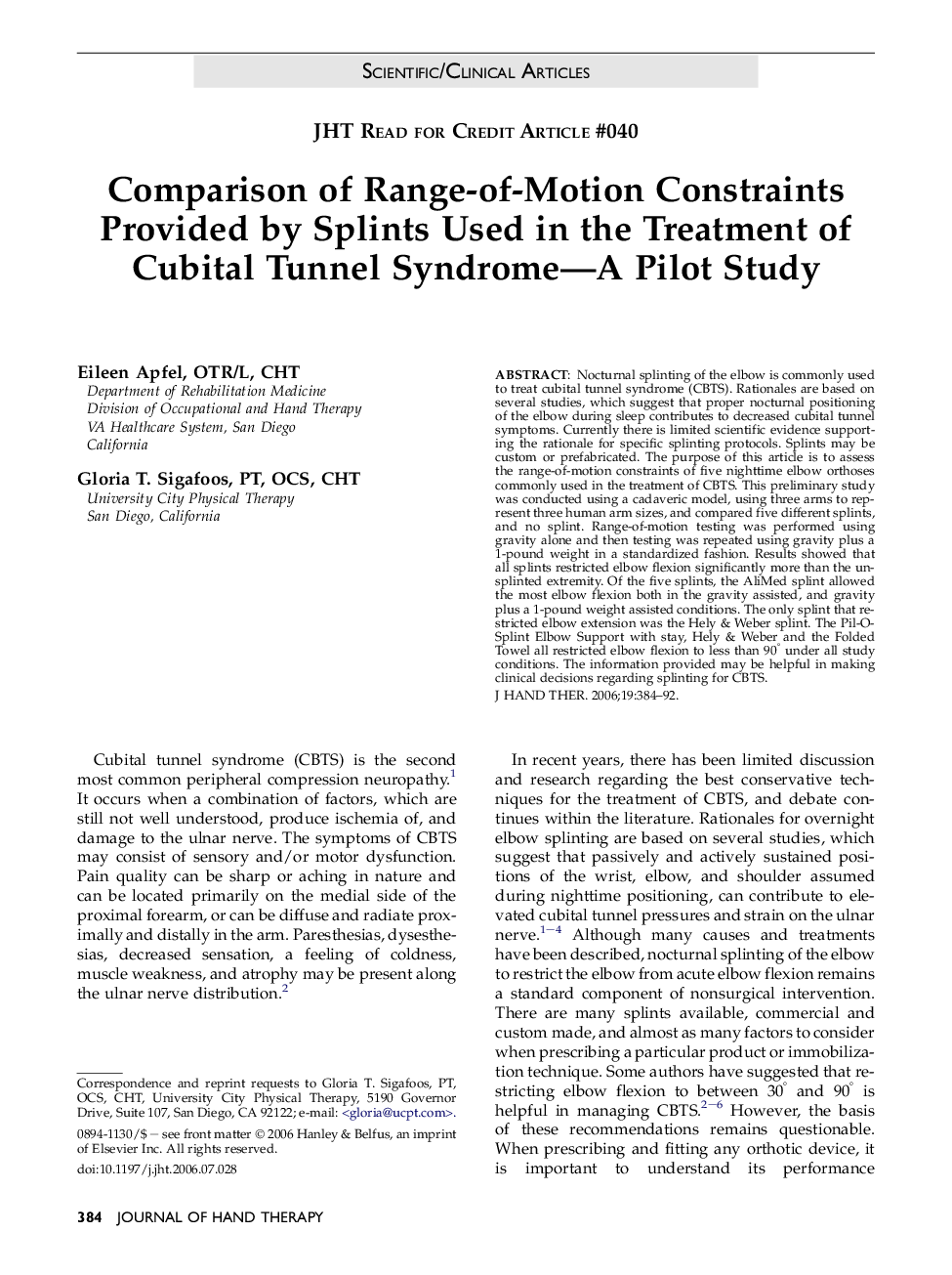 Comparison of Range-of-Motion Constraints Provided by Splints Used in the Treatment of Cubital Tunnel Syndrome—A Pilot Study