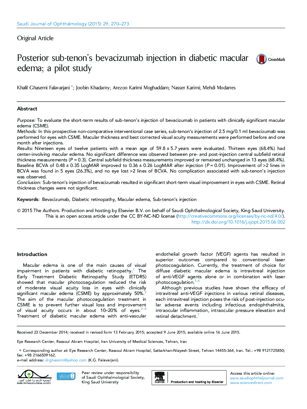 Posterior sub-tenon’s bevacizumab injection in diabetic macular edema; a pilot study 