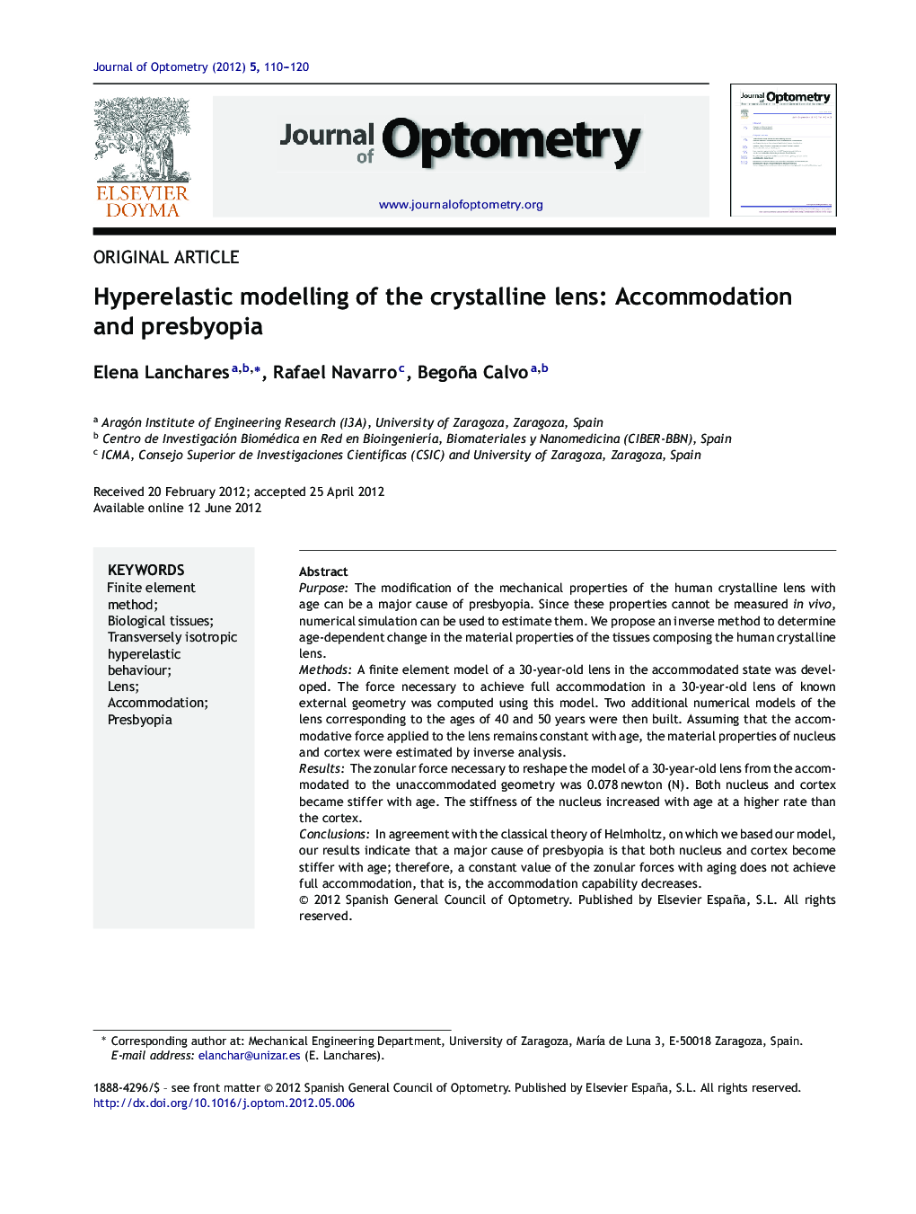 Hyperelastic modelling of the crystalline lens: Accommodation and presbyopia