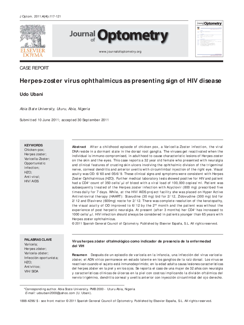 Herpes-zoster virus ophthalmicus as presenting sign of HIV disease