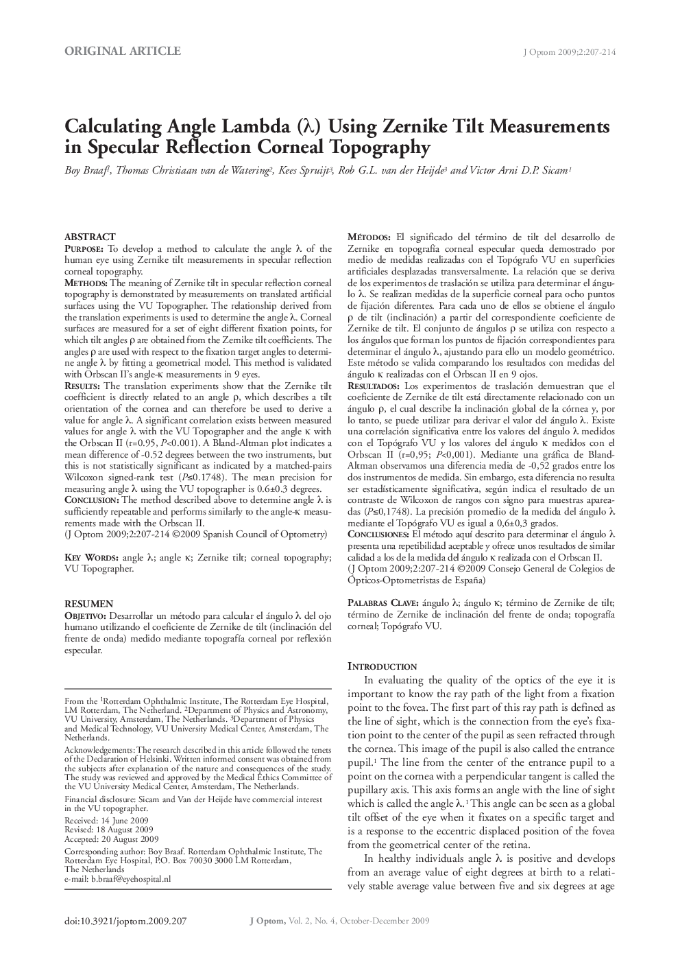 Calculating Angle Lambda (λ) Using Zernike Tilt Measurements in Specular Reflection Corneal Topography