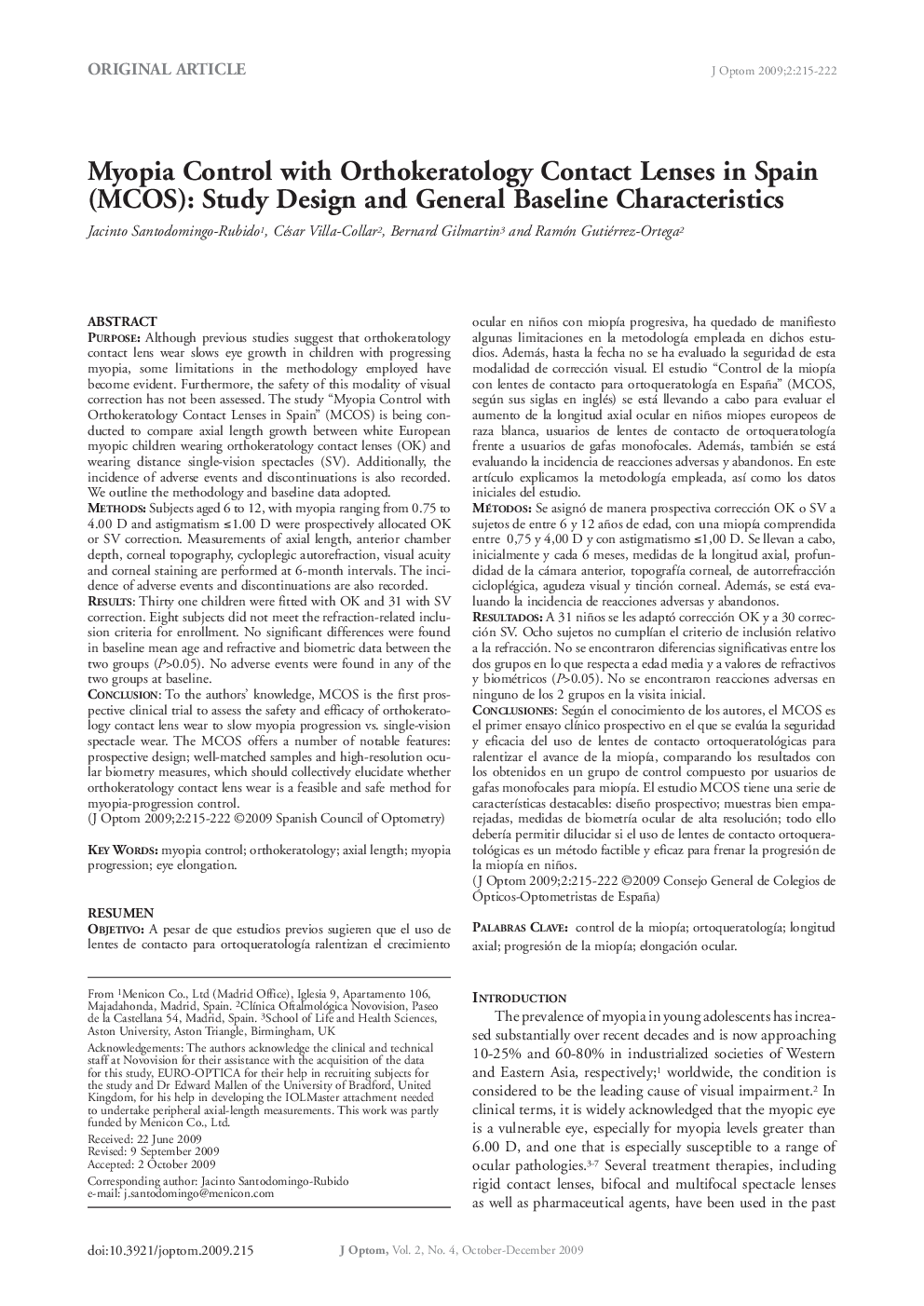 Myopia Control with Orthokeratology Contact Lenses in Spain (MCOS): Study Design and General Baseline Characteristics