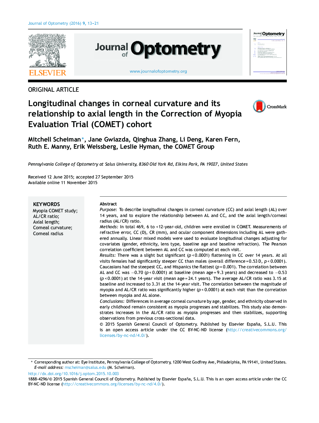 Longitudinal changes in corneal curvature and its relationship to axial length in the Correction of Myopia Evaluation Trial (COMET) cohort