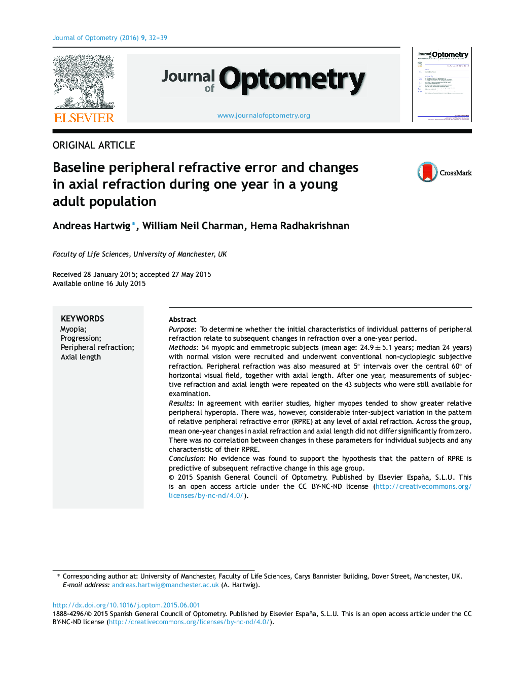 Baseline peripheral refractive error and changes in axial refraction during one year in a young adult population