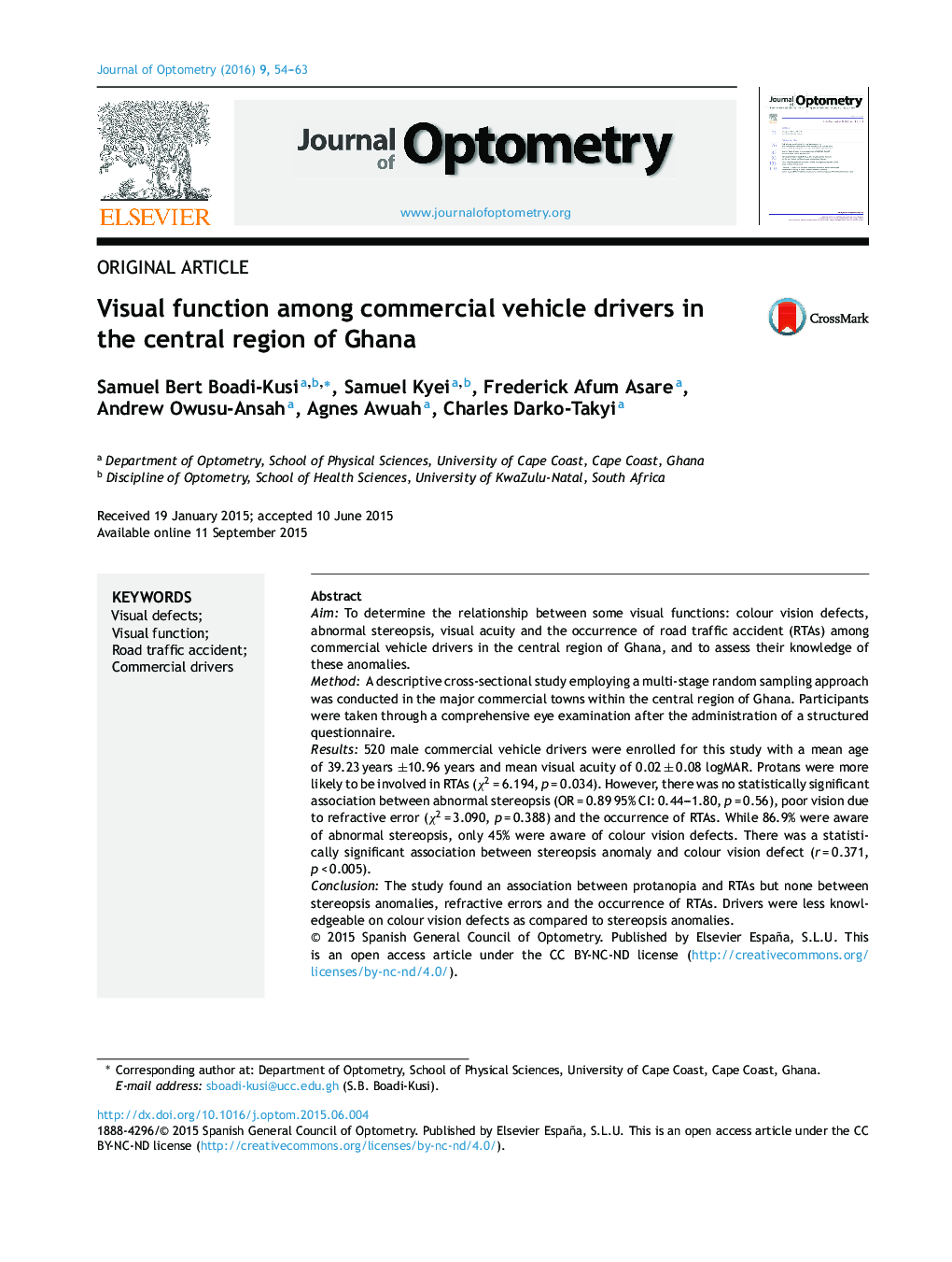 Visual function among commercial vehicle drivers in the central region of Ghana