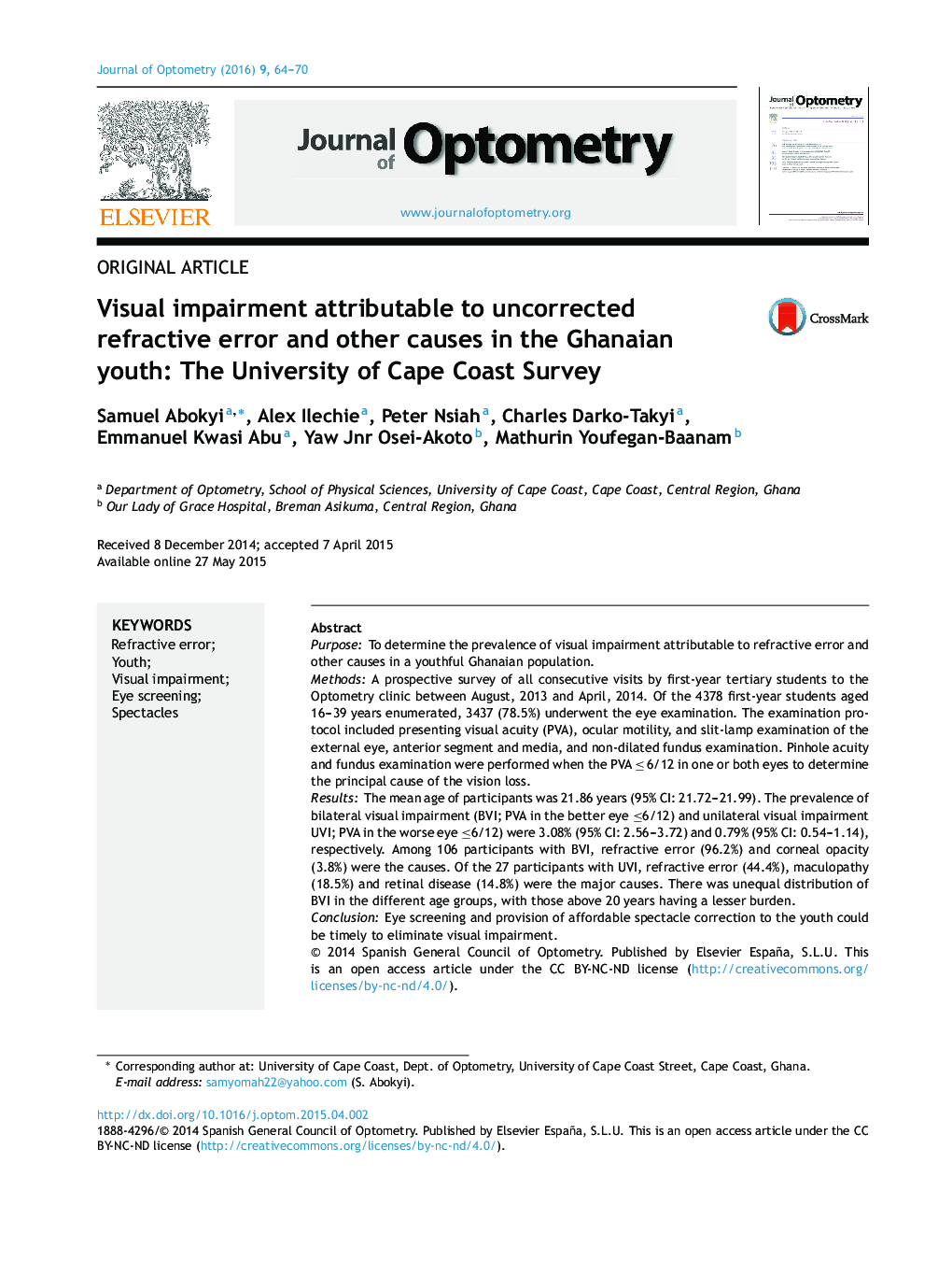 Visual impairment attributable to uncorrected refractive error and other causes in the Ghanaian youth: The University of Cape Coast Survey