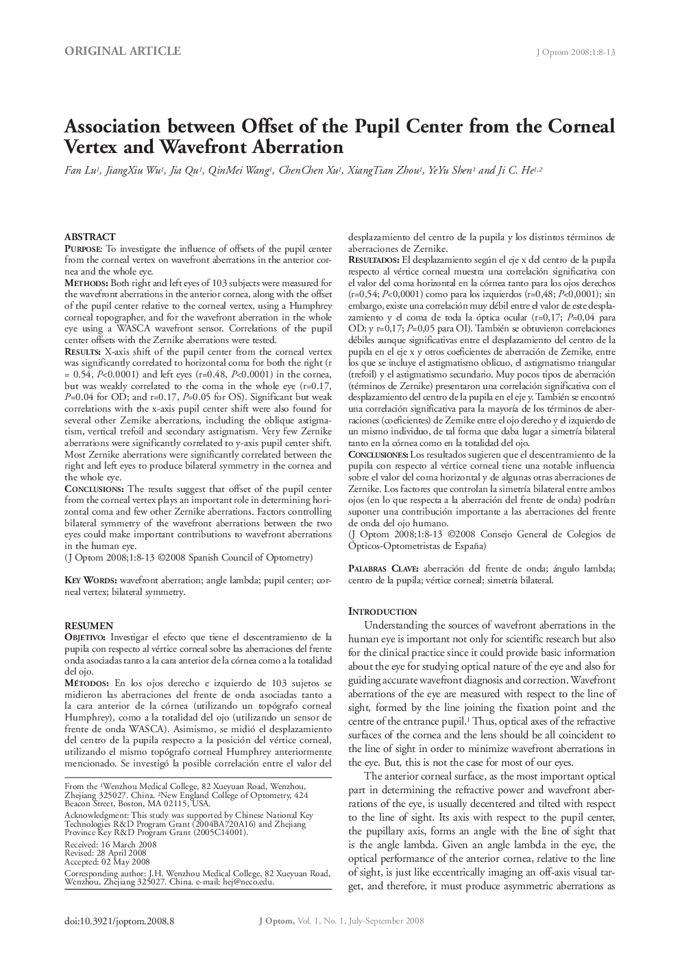 Association between Offset of the Pupil Center from the Corneal Vertex and Wavefront Aberration