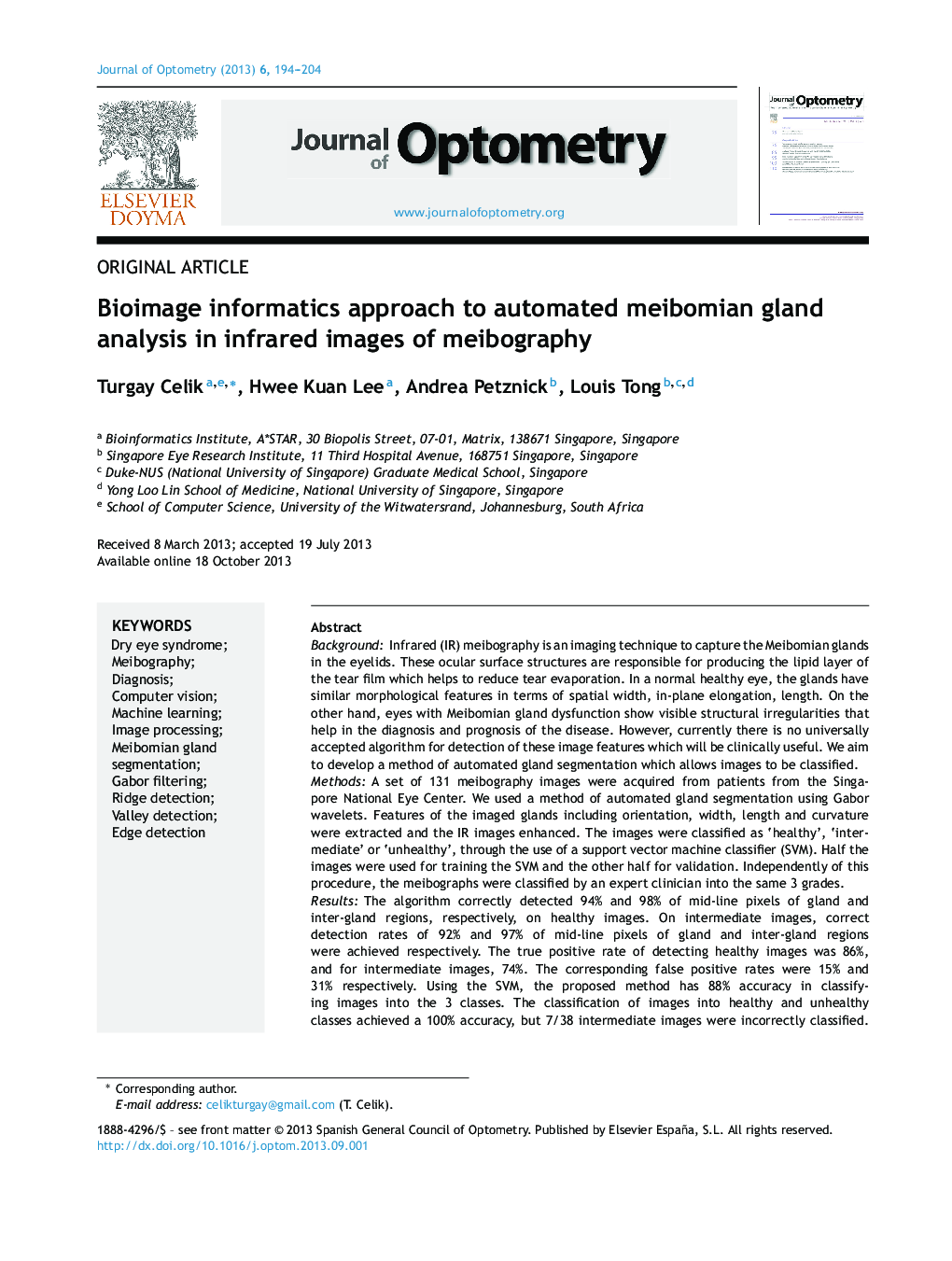 Bioimage informatics approach to automated meibomian gland analysis in infrared images of meibography