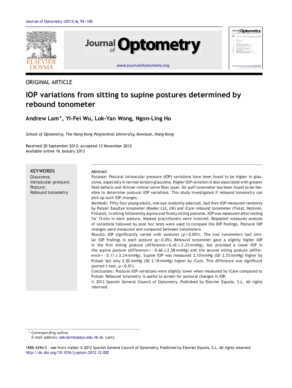 IOP variations from sitting to supine postures determined by rebound tonometer