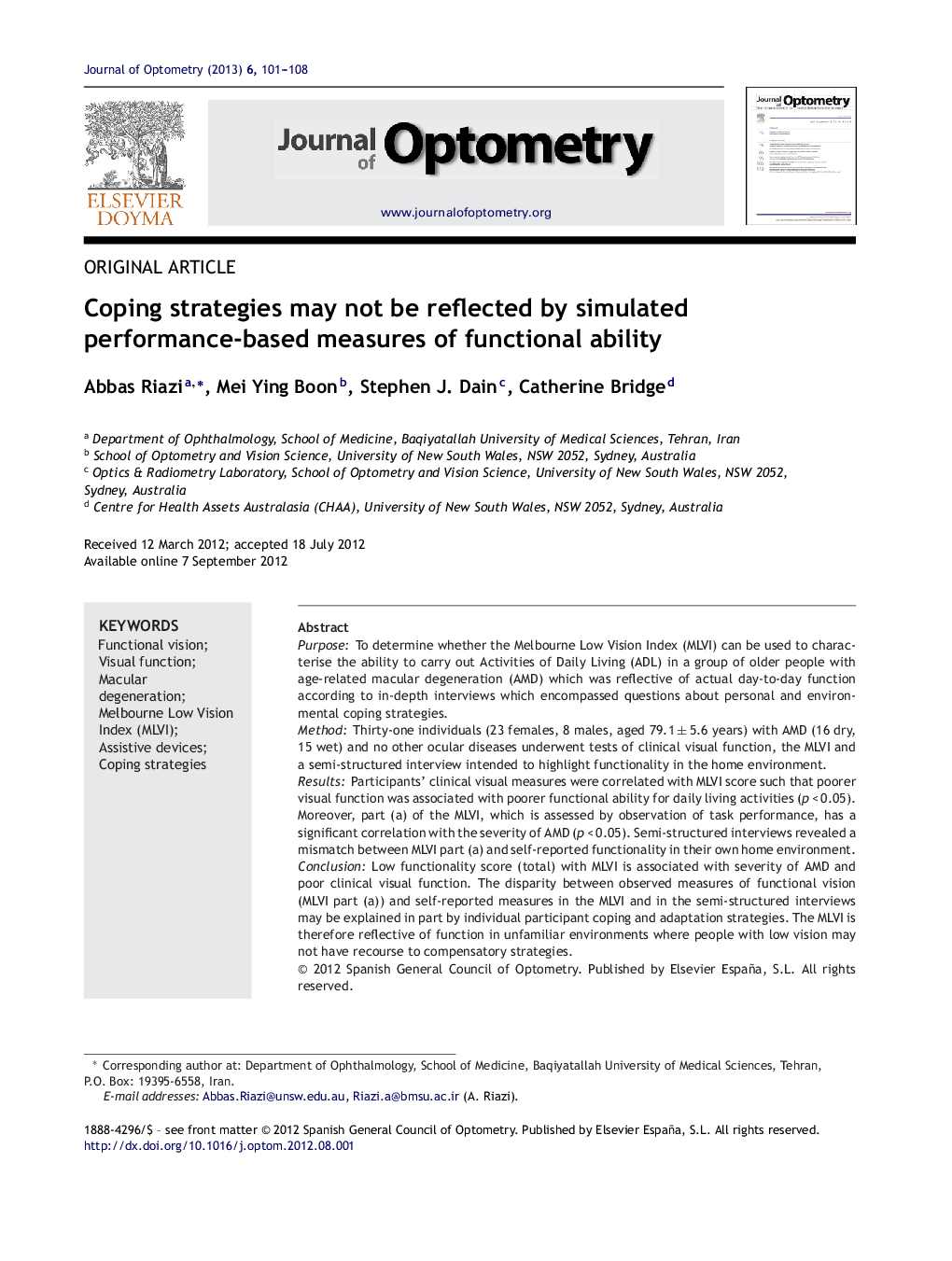 Coping strategies may not be reflected by simulated performance-based measures of functional ability