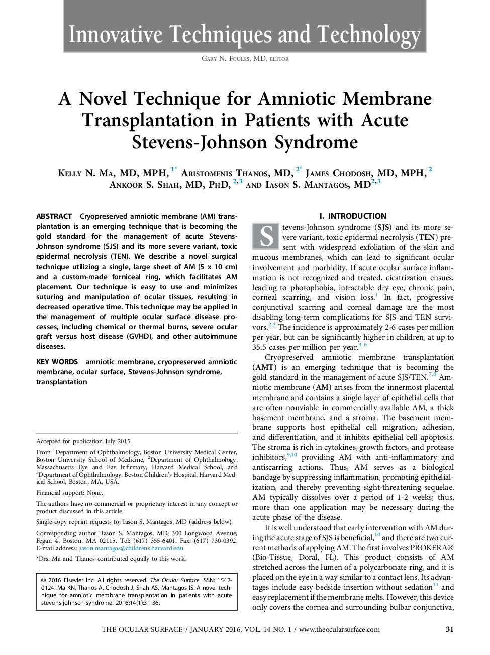 یک تکنیک جدید برای پیوند غشاء آمنیوتیک در افراد مبتلا به سندرم حاد استیونس جانسون