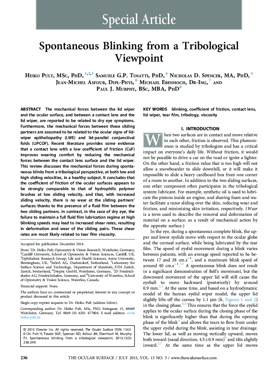 Spontaneous Blinking from a Tribological Viewpoint 