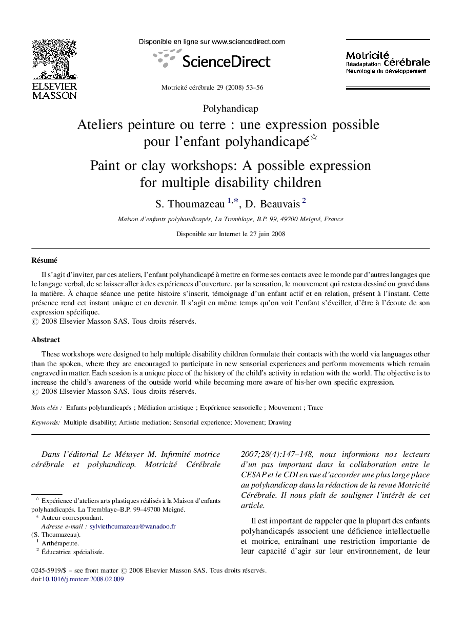 Ateliers peinture ou terreÂ : une expression possible pour l'enfant polyhandicapé