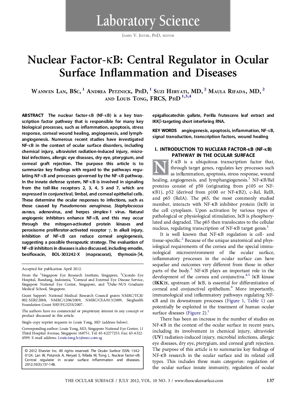 Nuclear Factor-κB: Central Regulator in Ocular Surface Inflammation and Diseases 