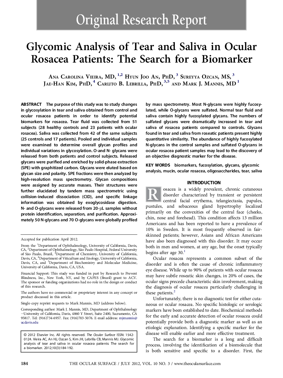 Glycomic Analysis of Tear and Saliva in Ocular Rosacea Patients: The Search for a Biomarker 