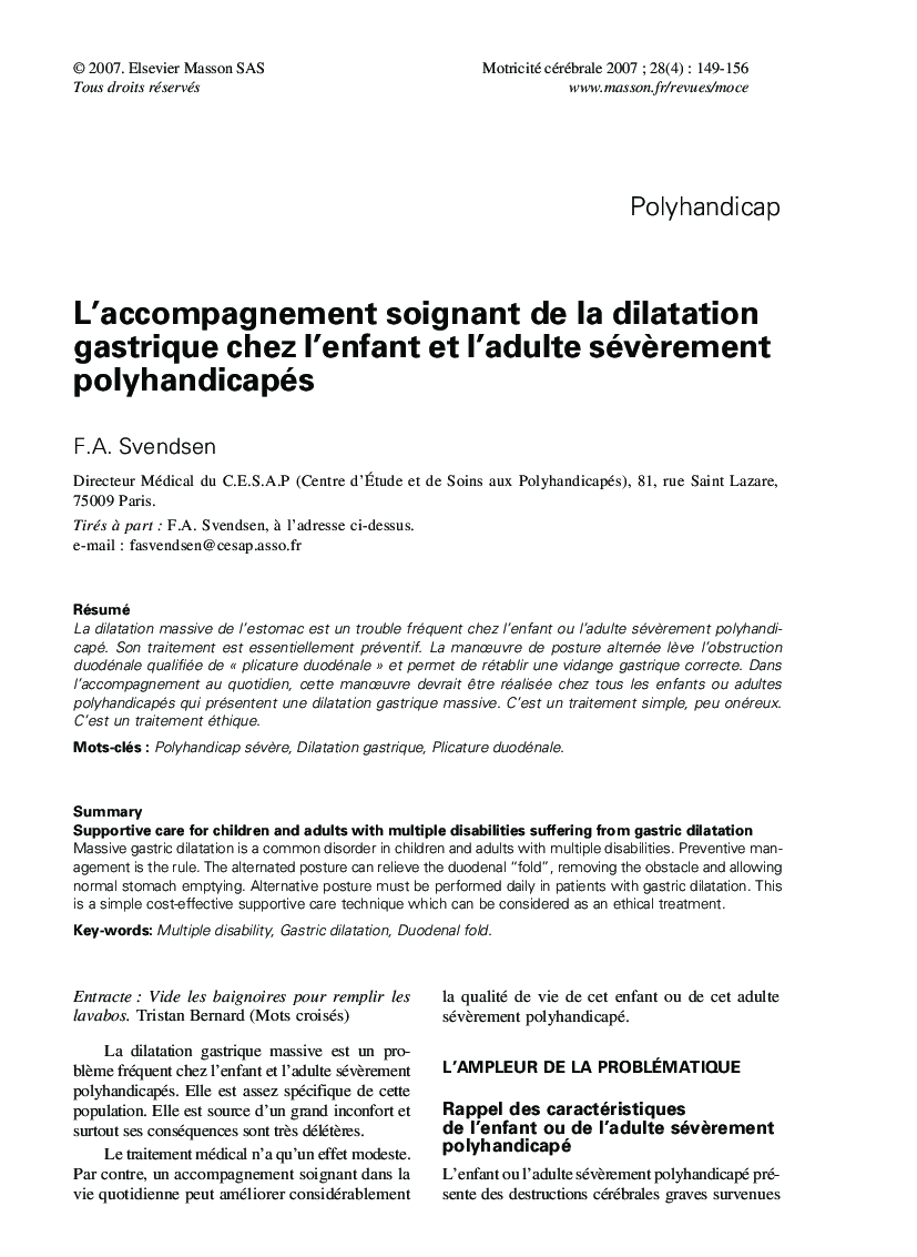 L'accompagnement soignant de la dilatation gastrique chez l'enfant et l'adulte sévÃ¨rement polyhandicapés