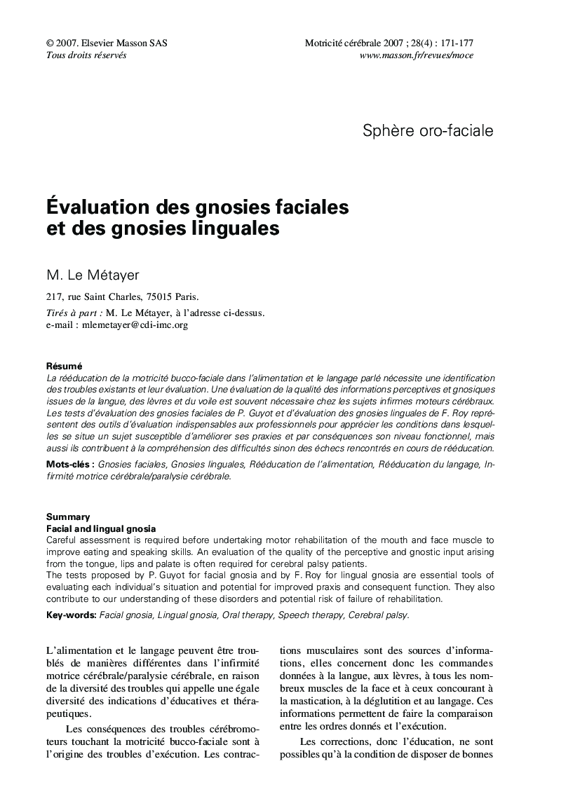 Ãvaluation des gnosies faciales et des gnosies linguales