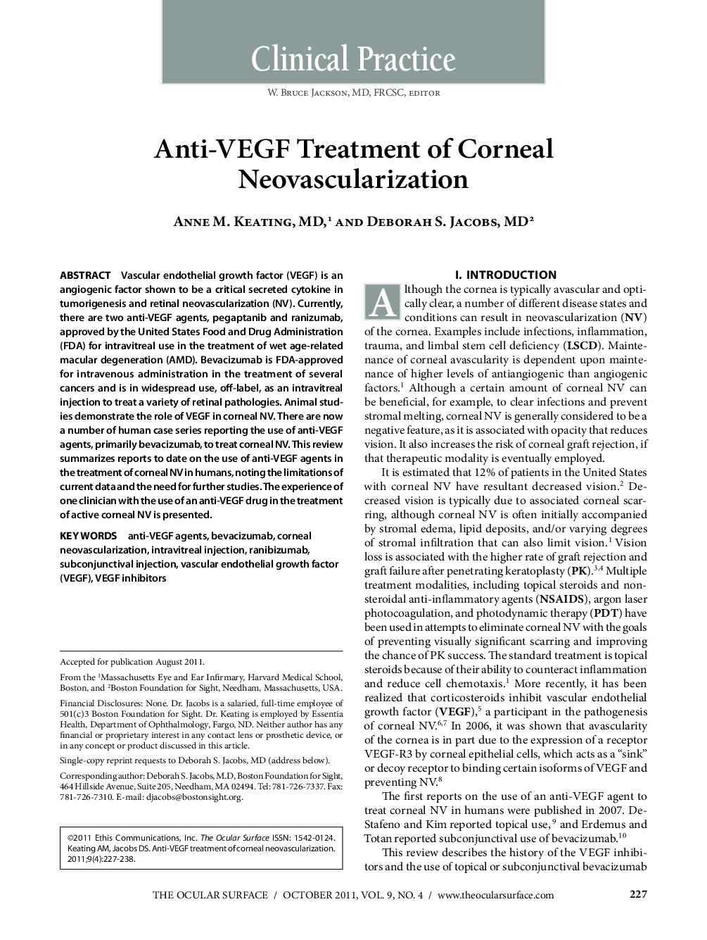 Anti-VEGF Treatment of Corneal Neovascularization 