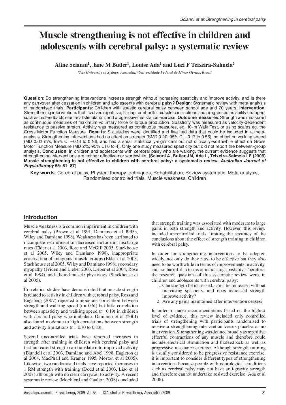 Muscle strengthening is not effective in children and adolescents with cerebral palsy: a systematic review