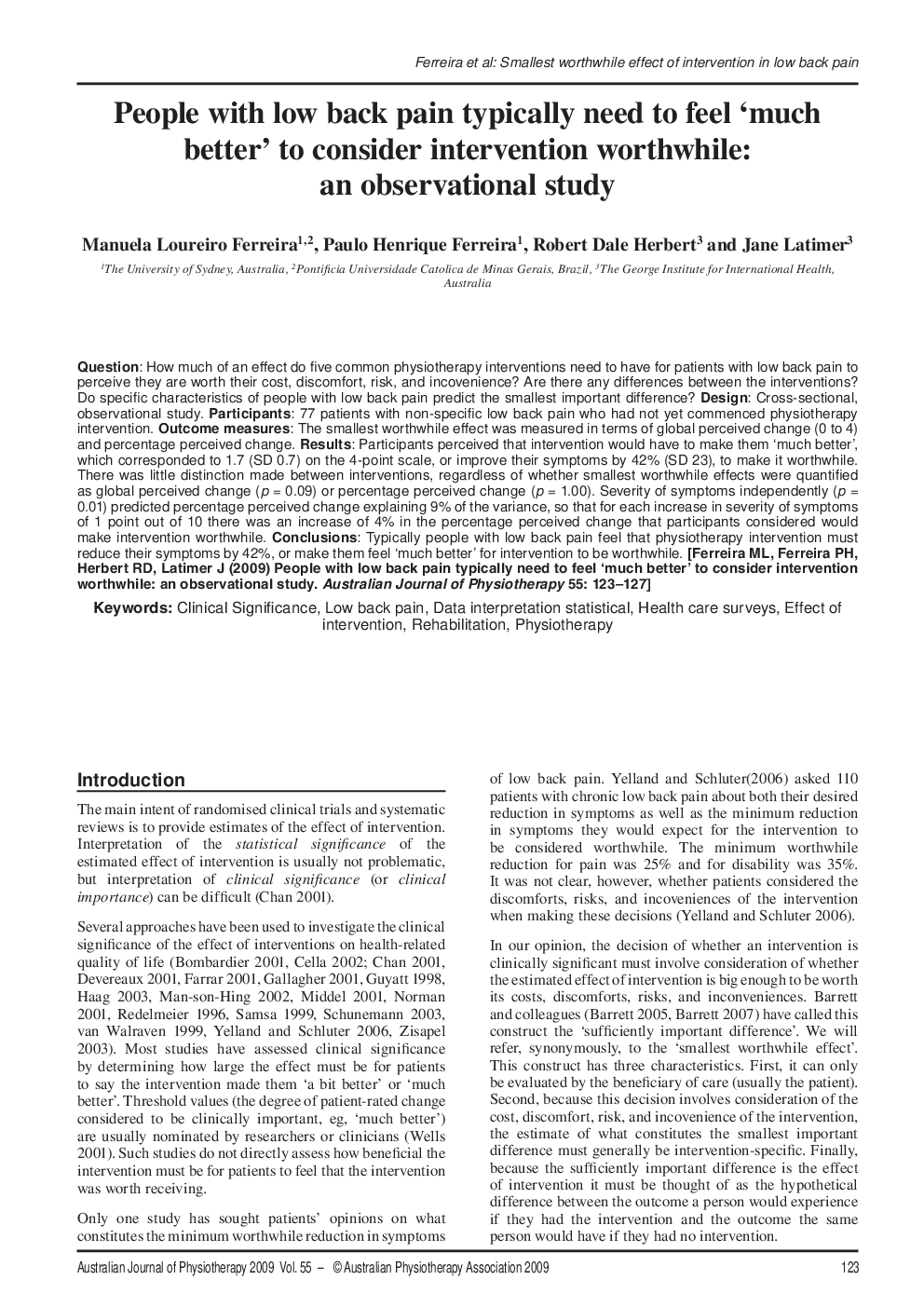 People with low back pain typically need to feel ‘much better’ to consider intervention worthwhile: an observational study