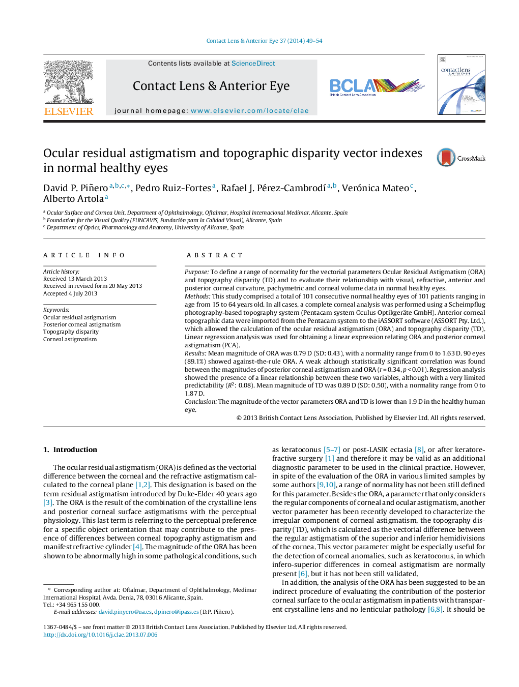 Ocular residual astigmatism and topographic disparity vector indexes in normal healthy eyes