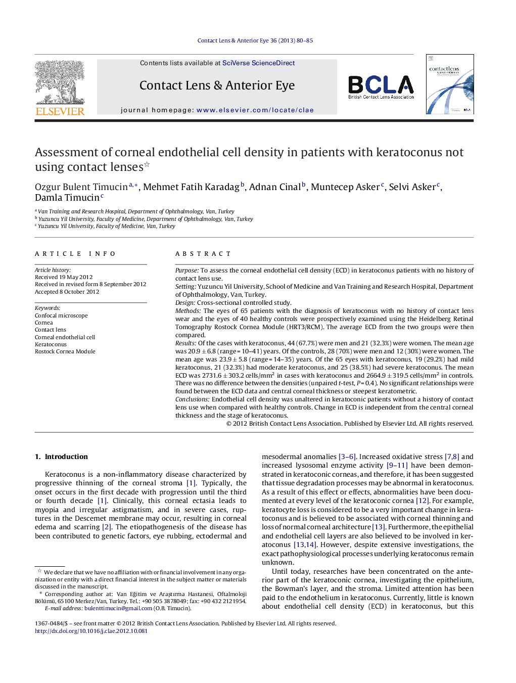 Assessment of corneal endothelial cell density in patients with keratoconus not using contact lenses 