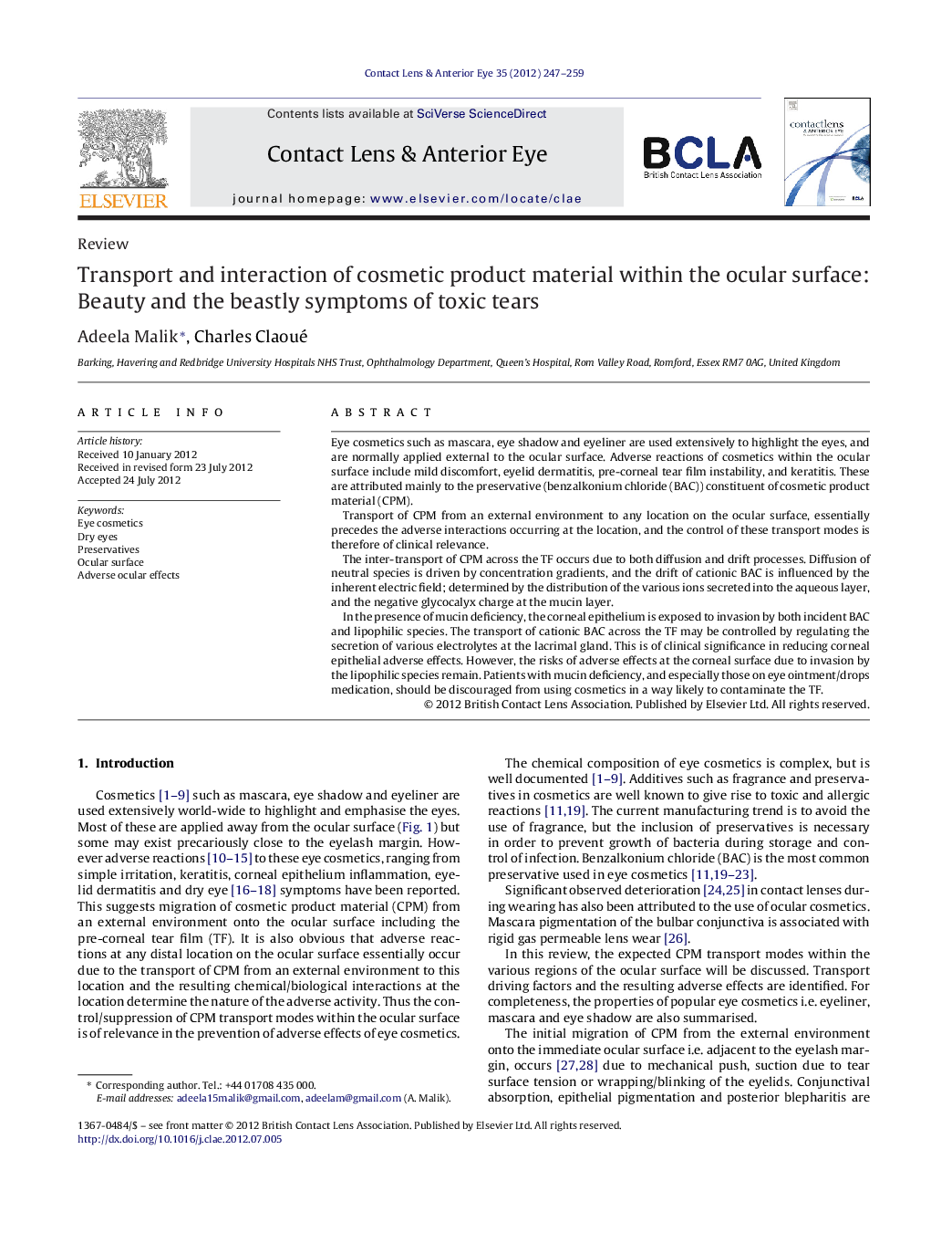 Transport and interaction of cosmetic product material within the ocular surface: Beauty and the beastly symptoms of toxic tears