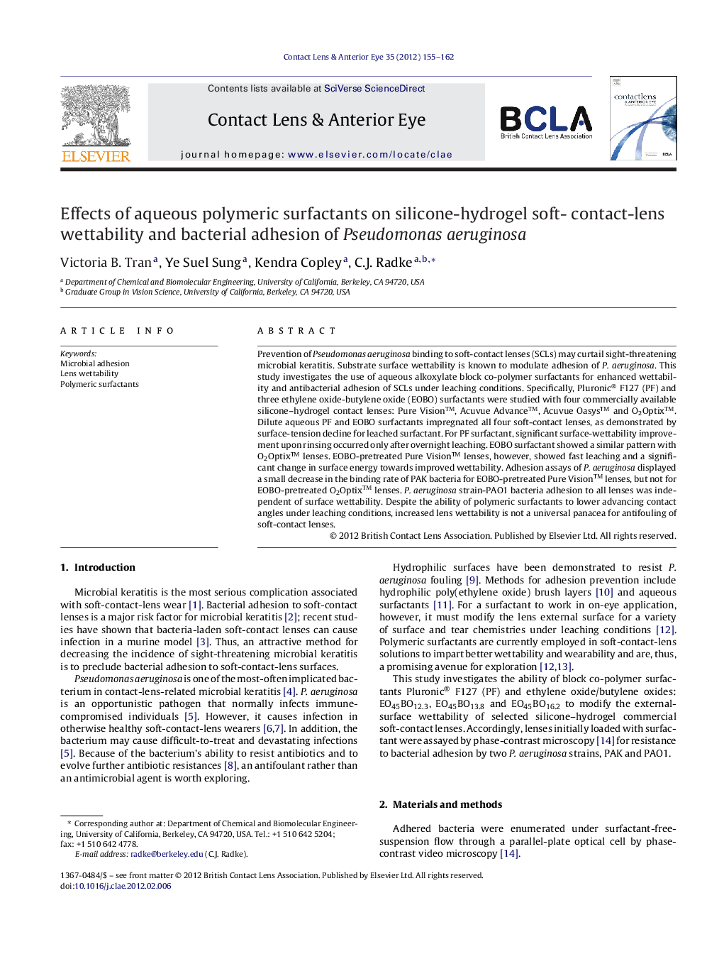 Effects of aqueous polymeric surfactants on silicone-hydrogel soft- contact-lens wettability and bacterial adhesion of Pseudomonas aeruginosa