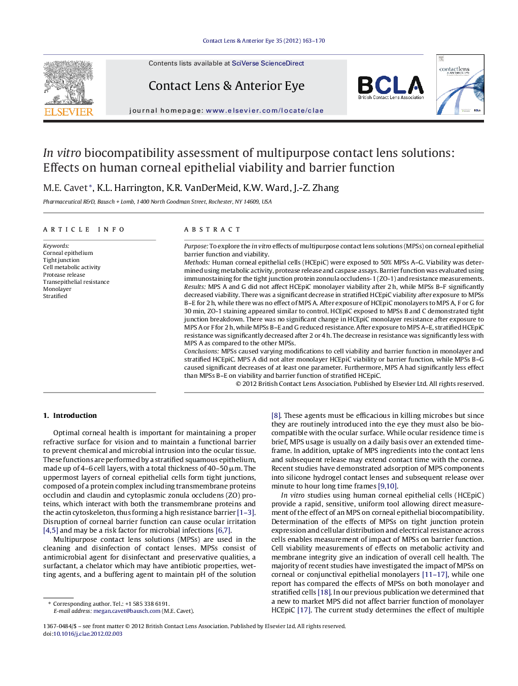 In vitro biocompatibility assessment of multipurpose contact lens solutions: Effects on human corneal epithelial viability and barrier function