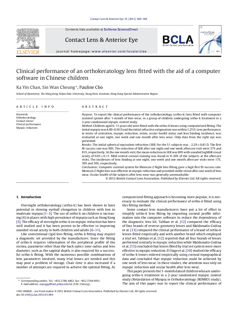 عکس صفحه اول مقاله: Clinical performance of an orthokeratology lens fitted with the aid of a computer software in Chinese children Clinical performance of an orthokeratology lens fitted with the aid of a computer software in Chinese children