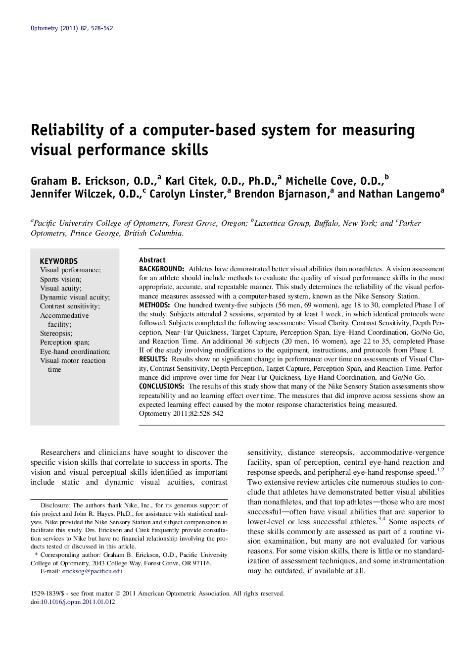 Reliability of a computer-based system for measuring visual performance skills 
