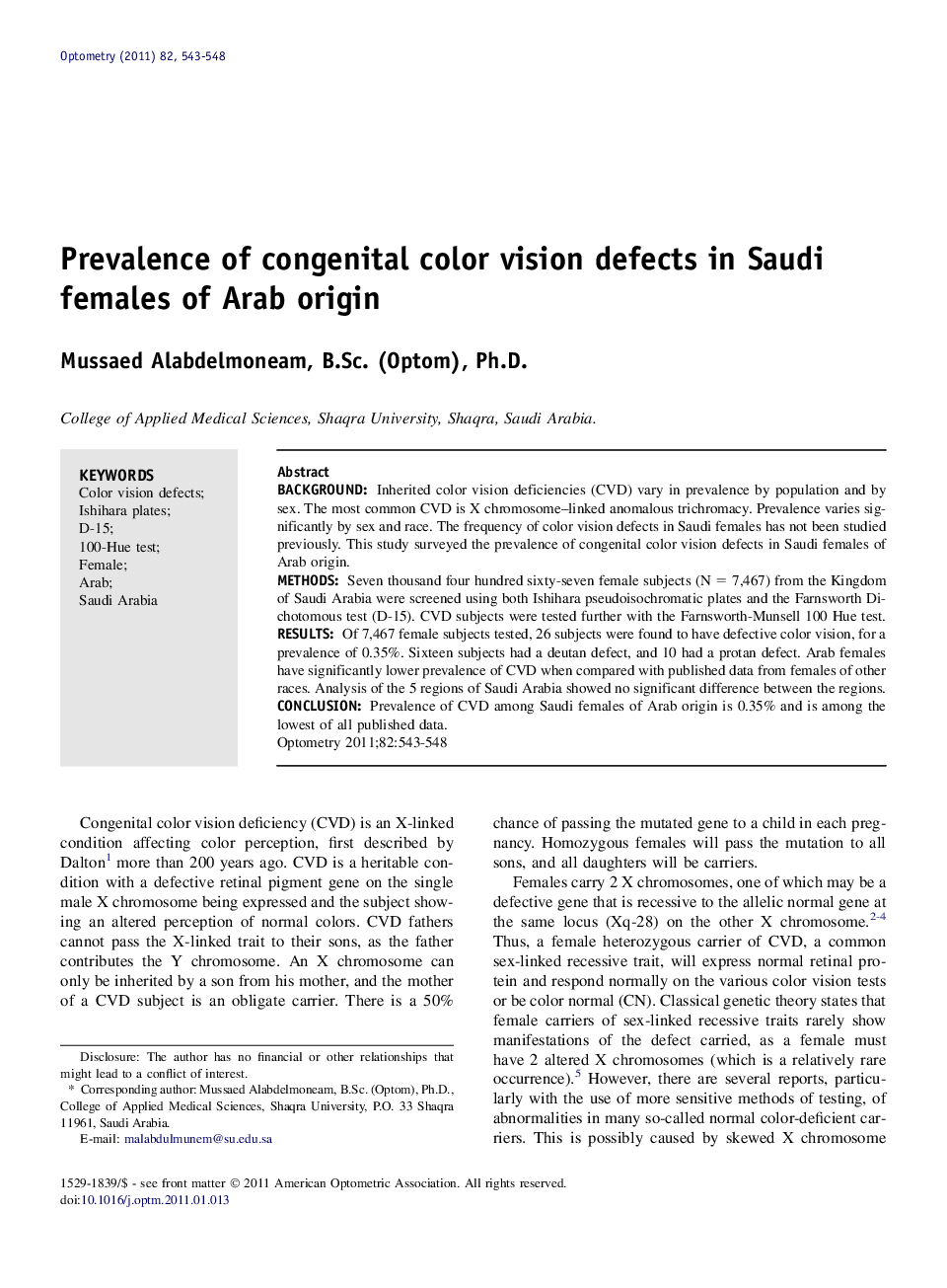 Prevalence of congenital color vision defects in Saudi females of Arab origin 