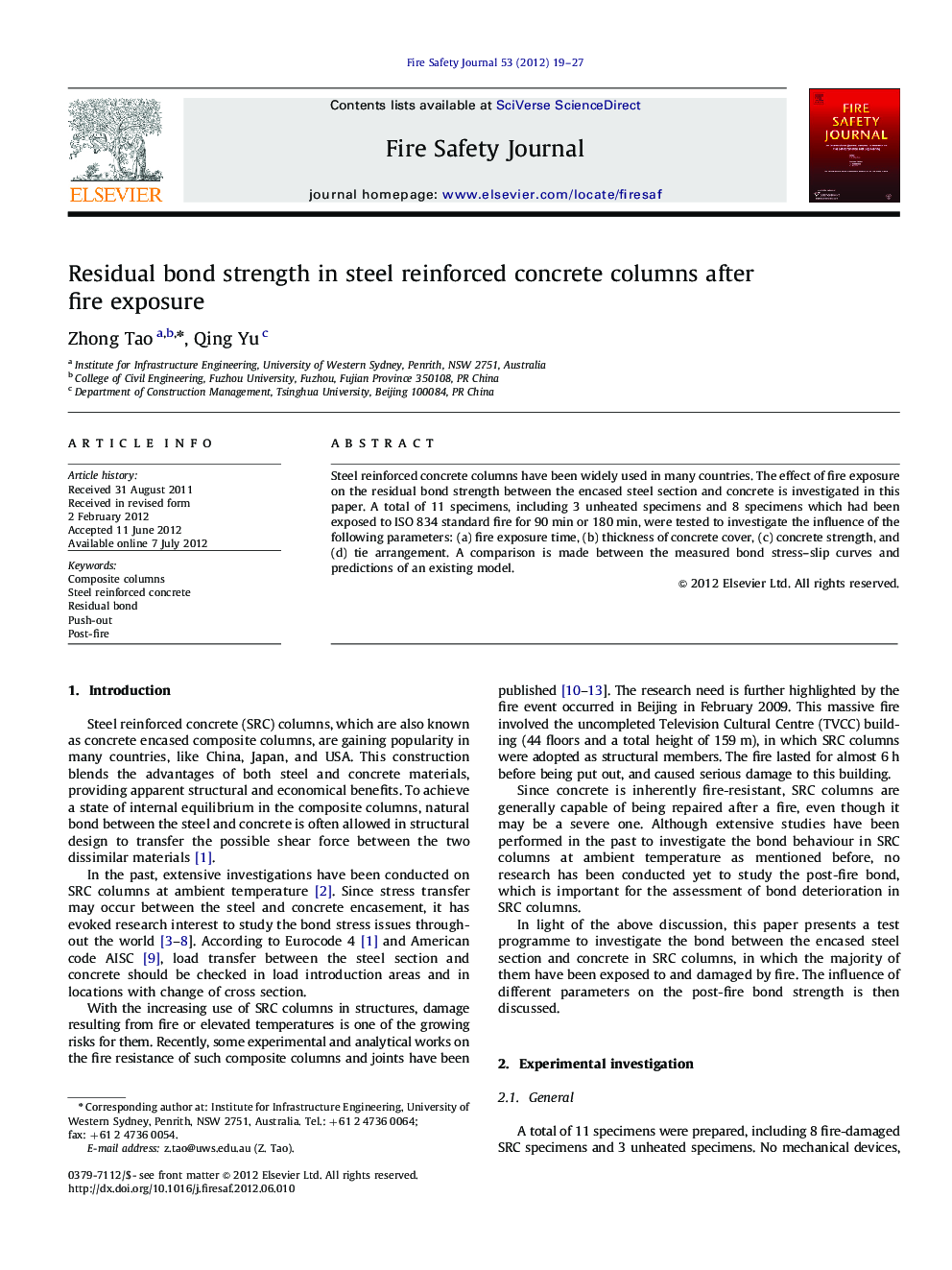 Residual bond strength in steel reinforced concrete columns after fire exposure