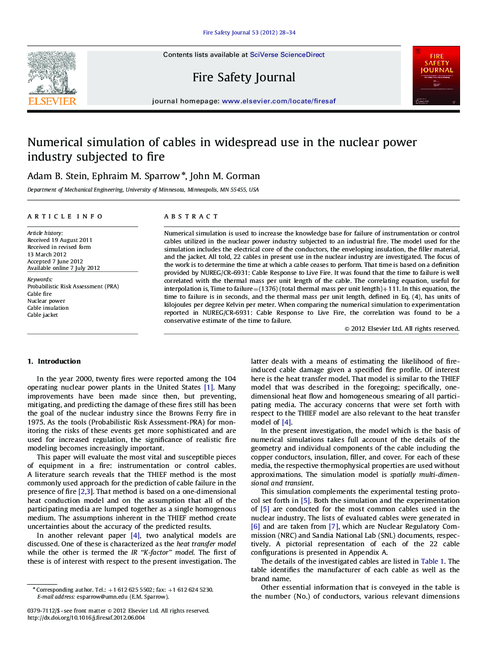 Numerical simulation of cables in widespread use in the nuclear power industry subjected to fire