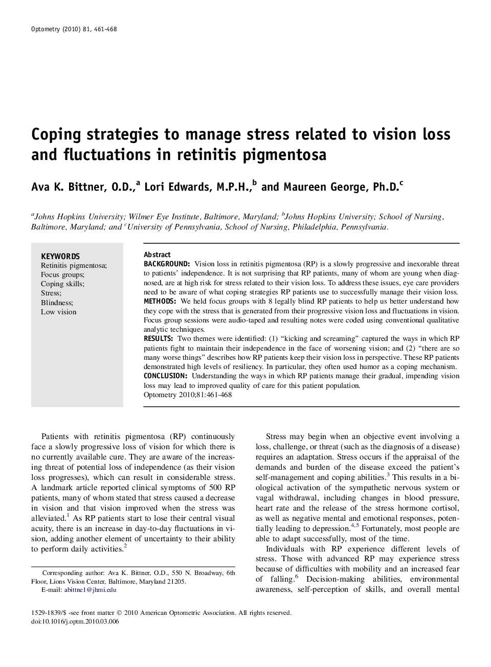 Coping strategies to manage stress related to vision loss and fluctuations in retinitis pigmentosa