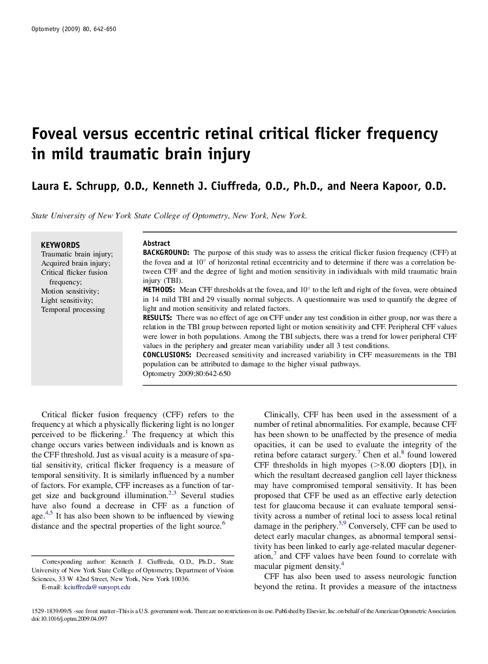 Foveal versus eccentric retinal critical flicker frequency in mild traumatic brain injury