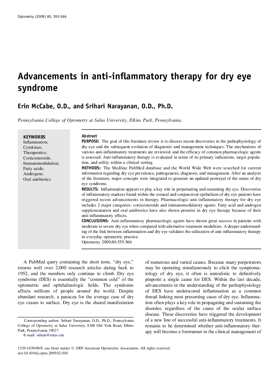 Advancements in anti-inflammatory therapy for dry eye syndrome