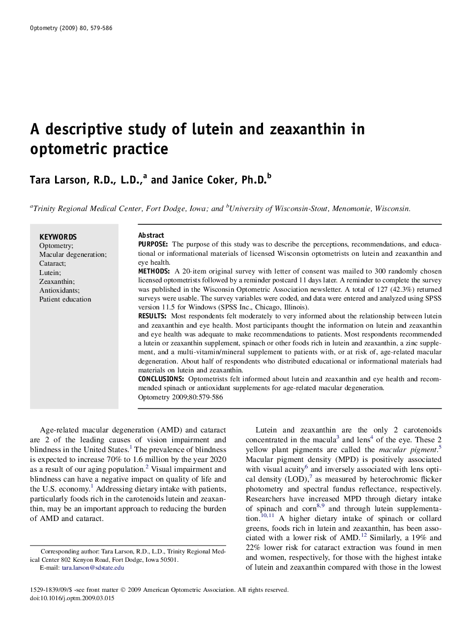 A descriptive study of lutein and zeaxanthin in optometric practice