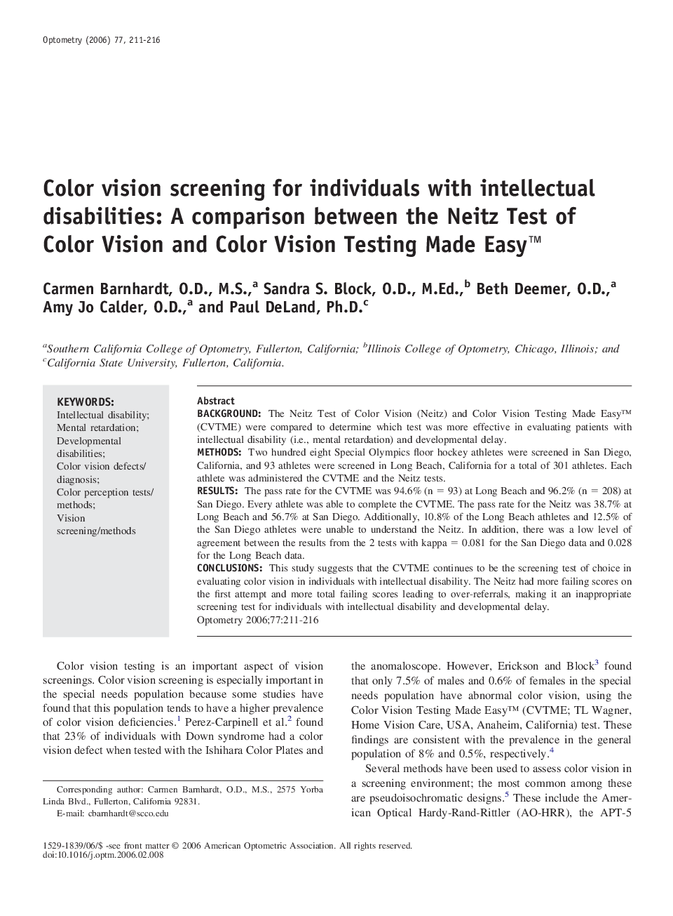 Color vision screening for individuals with intellectual disabilities: A comparison between the Neitz Test of Color Vision and Color Vision Testing Made Easy™