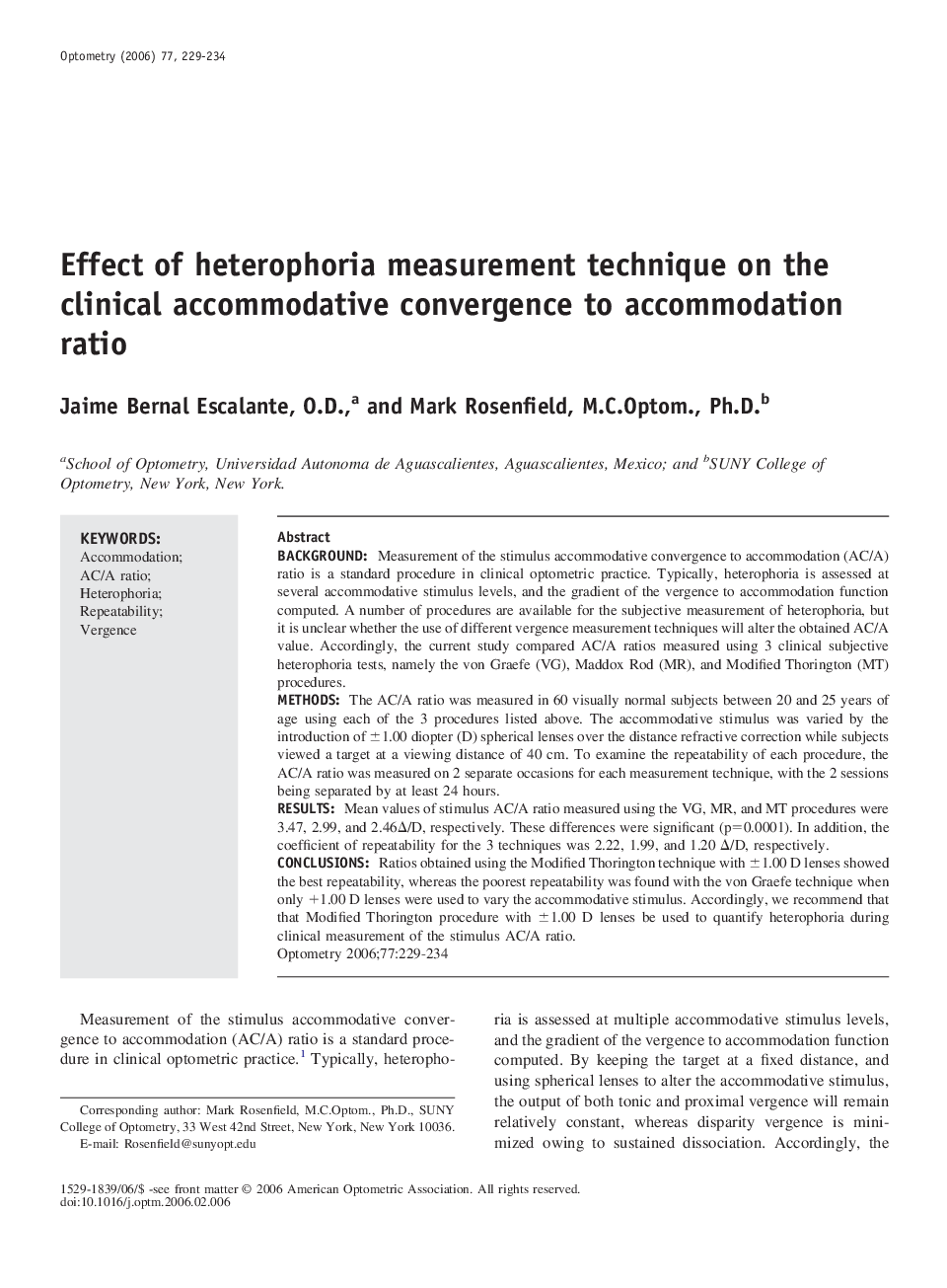 عکس صفحه اول مقاله: Effect of heterophoria measurement technique on the clinical accommodative convergence to accommodation ratio Effect of heterophoria measurement technique on the clinical accommodative convergence to accommodation ratio