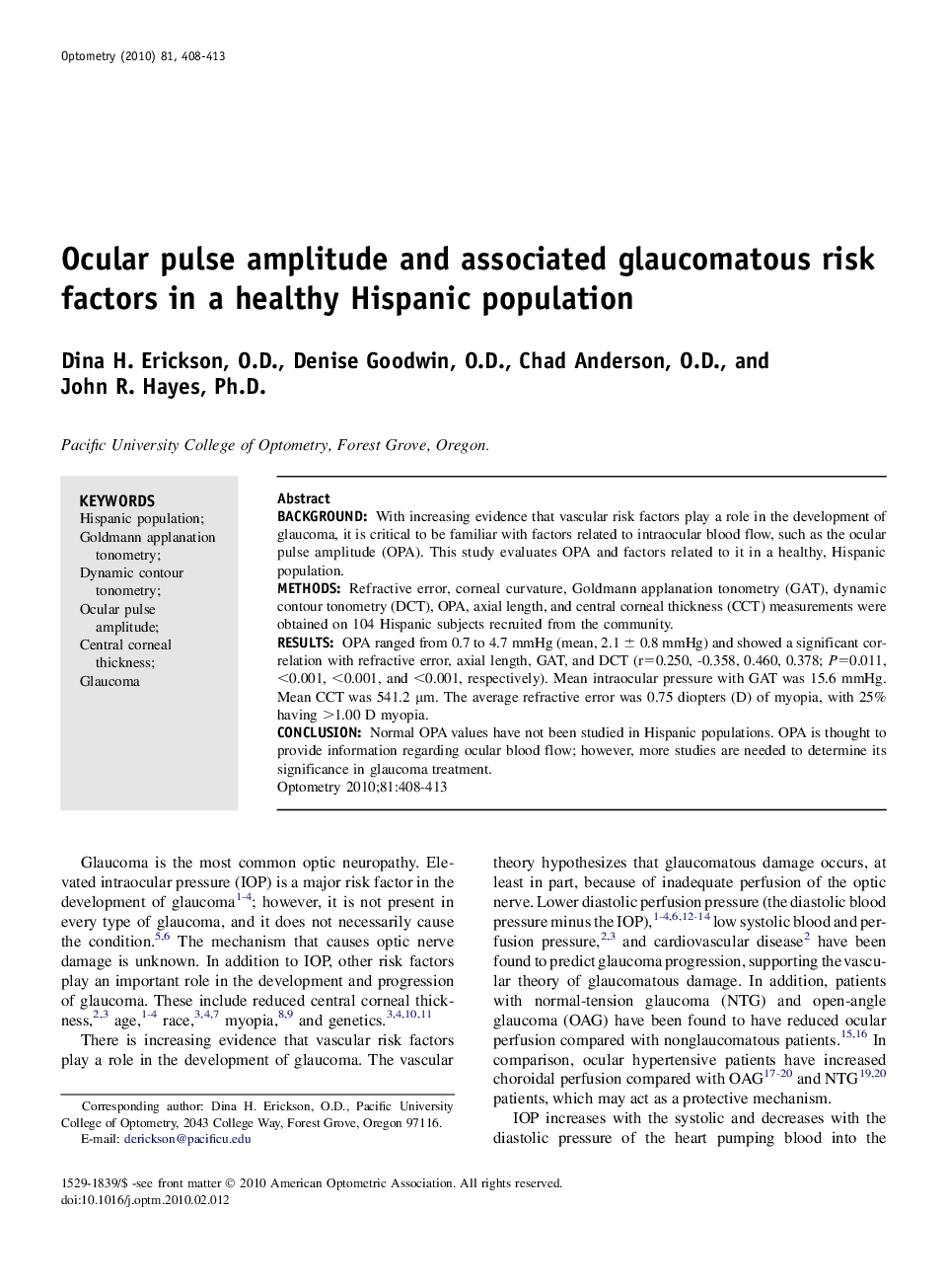 Ocular pulse amplitude and associated glaucomatous risk factors in a healthy Hispanic population