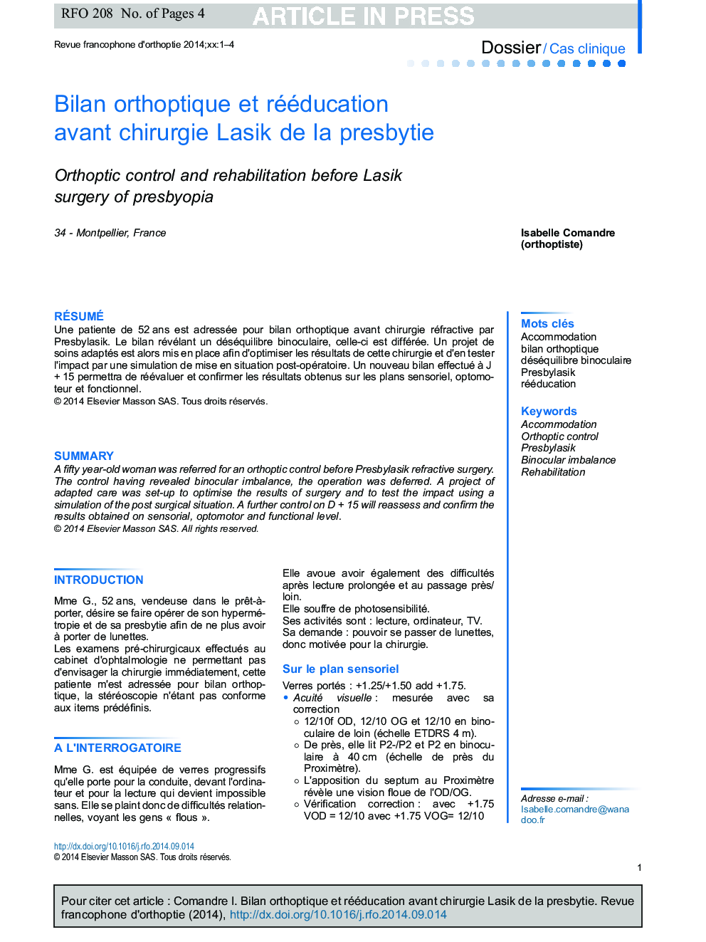 Bilan orthoptique et rééducation avant chirurgie Lasik de la presbytie