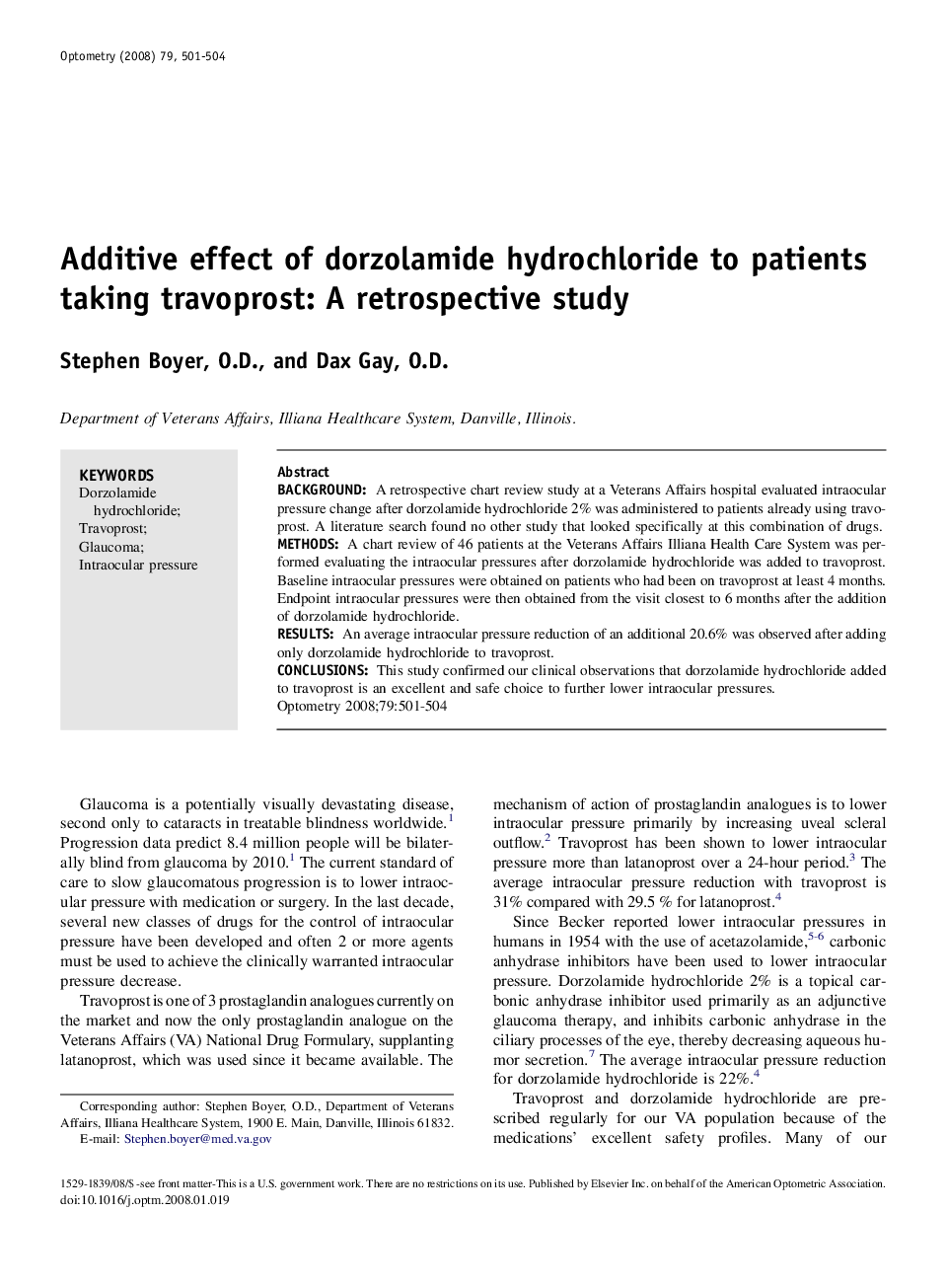 Additive effect of dorzolamide hydrochloride to patients taking travoprost: A retrospective study