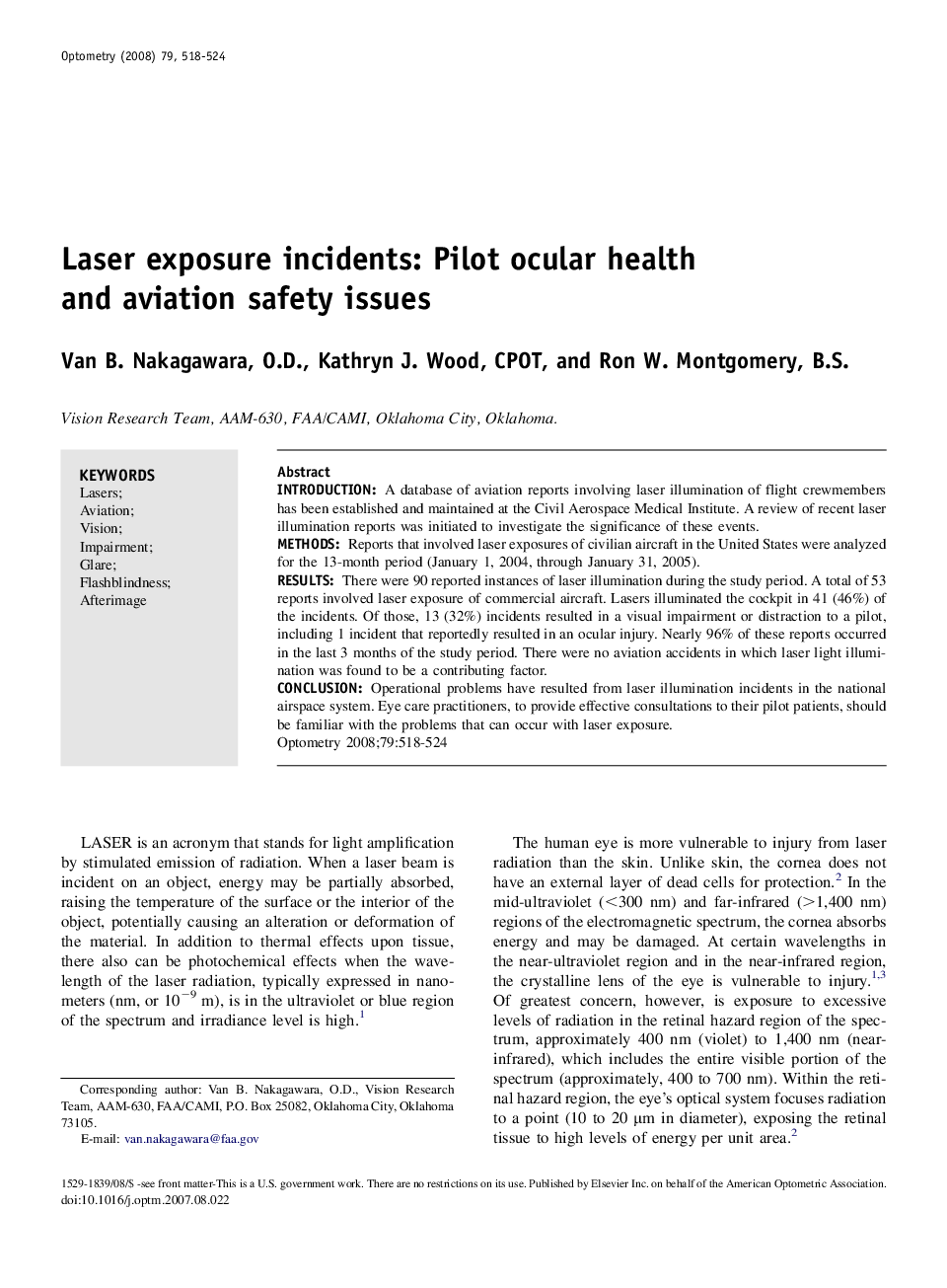 Laser exposure incidents: Pilot ocular health and aviation safety issues