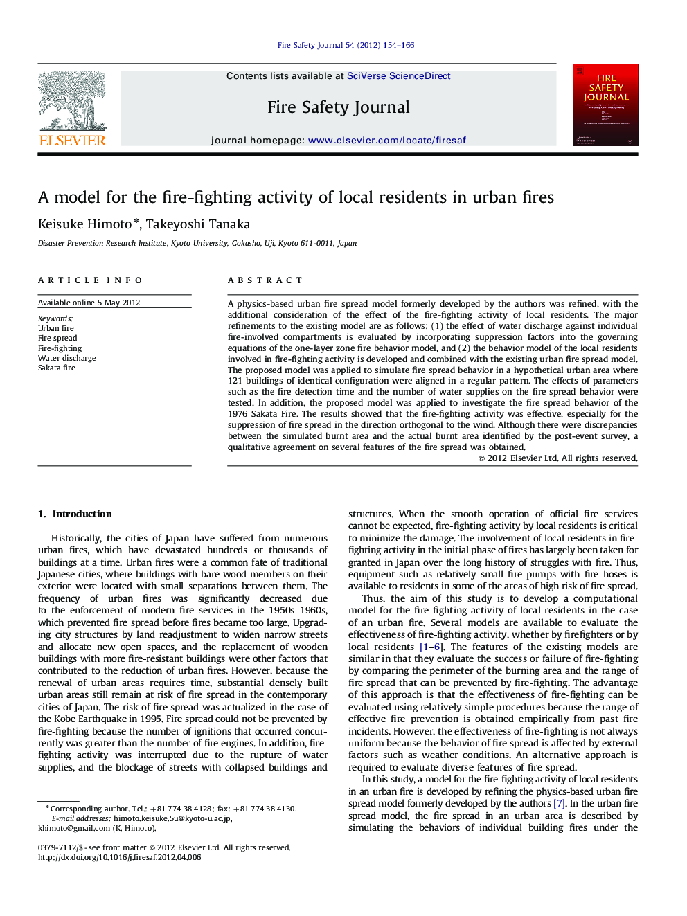 A model for the fire-fighting activity of local residents in urban fires